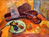 a painting of a violin and a plate of fruit on a table