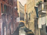 a painting of a boat on a canal in a city