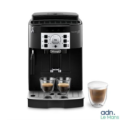 the delongma espresso coffee machine is next to two cups of coffee