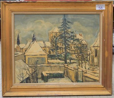 une image représentant un tableau d'une ville enneigée, dans un cadre doré