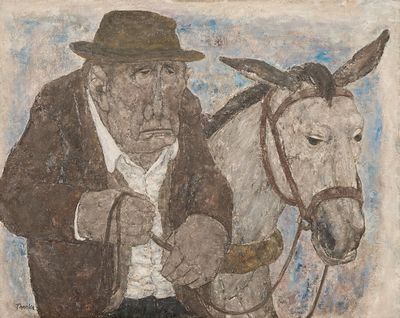 tableau représentant un vieil homme coiffé d'un chapeau et accompagné d'un cheval