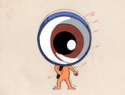animation cel of a man holding a large eyeball in front of his head