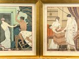 two framed pictures of a woman and a man sitting on a chair
