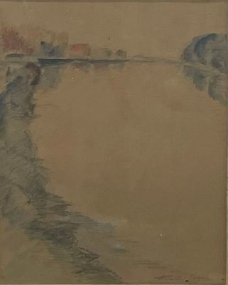 Ecole du XXe siècle Paysage Crayon et aquarelle Porte une si…