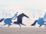 painting of a group of people riding horses on a beach