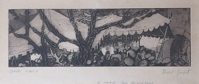 a black and white drawing of a group of people under a tree