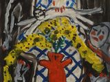 une image représentant un tableau où l'on voit un clown tenant un vase de fleurs