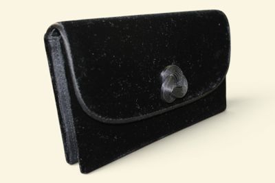 a black purse that is sitting on a white surface