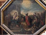 an old painting of a group of people sitting on a bench