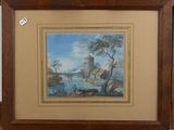 framed picture of a painting of a river scene with a boat in the foreground and a house in the background