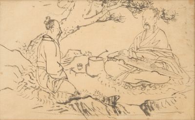 dessin représentant un homme et une femme assis sous un arbre