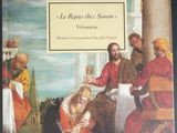 the cover of a book with a painting of a man sitting at a table in front of a group of people