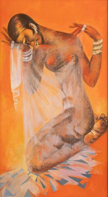 une image d'un tableau représentant une femme en robe blanche