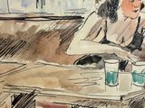 a drawing of a woman sitting at a table with a cup of coffee