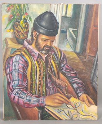 tableau représentant un homme assis à une table, un livre devant lui