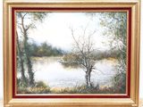 painting of a river scene with trees and water in a gold frame
