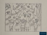dessin représentant un groupe de personnes debout devant un mur