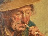 painting of an old man smoking a cigarette with a straw hat on