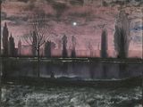une photo d'un tableau représentant une ville la nuit