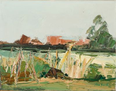 l'image d'une peinture d'un champ avec des arbres en arrière-plan