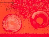 an image of a painting of two circles on a red background