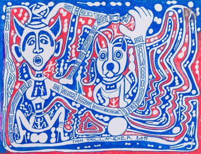 un tableau bleu et rouge représentant deux personnes avec une guitare
