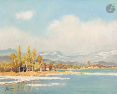 une image représentant un tableau d'un lac avec une montagne en arrière-plan