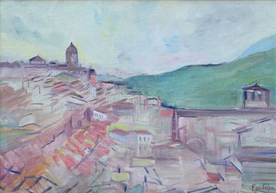 peinture d'une vue d'un village avec une église au loin