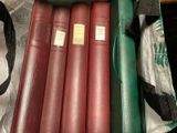 a green bag filled with red and green books