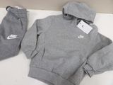 grey hoodie and sweatpants set with white nike logo on it