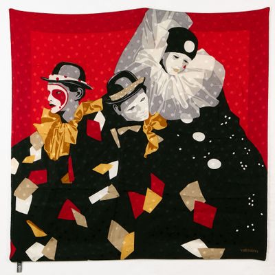 une image représentant un tableau de clowns sur fond rouge