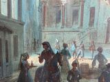 a painting of a man riding a horse in a courtyard