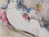 painting of a woman sitting on a couch with her legs crossed