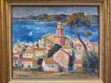 an oil painting of a village by the water with a sailboat in the distance