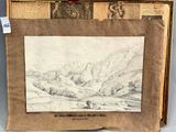 an old drawing of a mountain scene with a man in the distance
