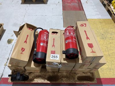 several boxes of fire extinguisors are stacked on a pallet