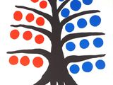 une image représentant un arbre parsemé de points bleus et rouges