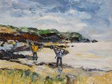an oil painting of a group of people walking on a beach