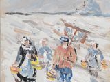 tableau représentant un groupe de personnes marchant dans la neige avec des luges