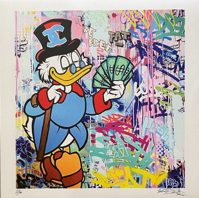 painting of donald duck holding a fan and money in his hand
