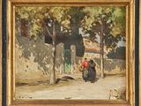 une image représentant un tableau où l'on voit une femme assise sur un banc devant une maison