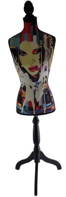 a mannequin on a stand with a picture of a woman ' s face on it
