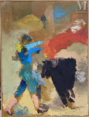 une peinture à l'huile représentant un taureau et un homme portant une cape rouge