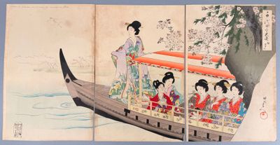 un tableau représentant une femme sur un bateau en compagnie d'autres femmes
