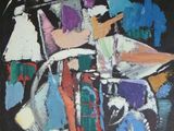 peinture abstraite représentant une femme assise sur une chaise, sur fond noir