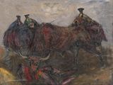 une peinture à l'huile représentant deux hommes à dos de deux chevaux