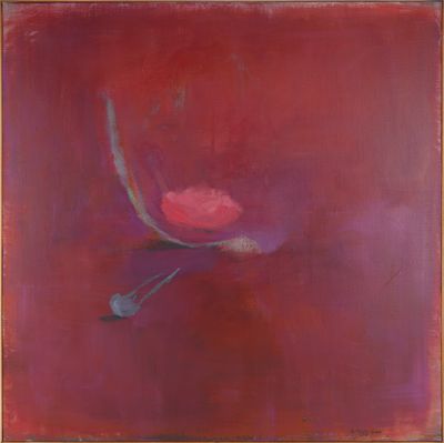 une peinture représentant une fleur rose sur fond rouge
