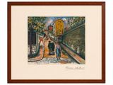 painting of two people walking down a street with a building in the background
