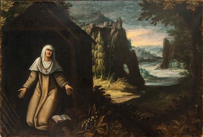 an old painting of a woman standing in a cave with a book in her hand