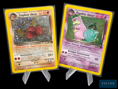 deux cartes Pokémon exposées sur un fond noir